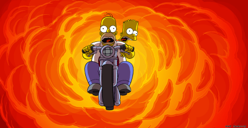 Bart And Homer Ride Motorcycle Through Flames