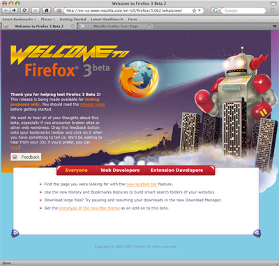Screenshot of Firefox 3 Beta 2 with Proto Theme