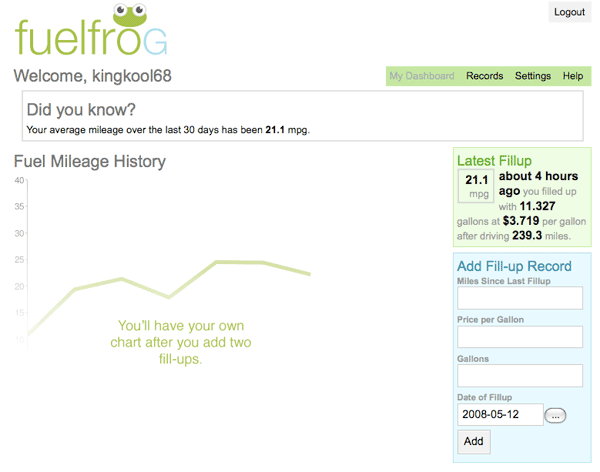Fuelfrog.com helps you track your cars average MPG as well as what you pay at the pump.