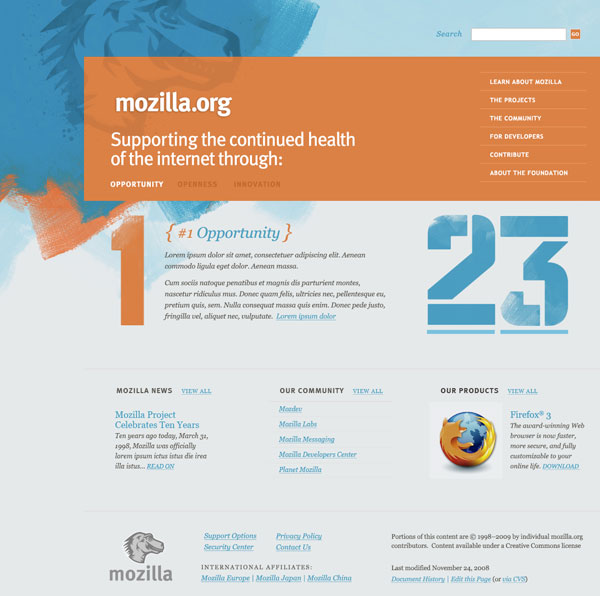 Blue and orange grunge concept for Mozilla.org redesign.