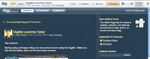 A screenshot of DiggBar in action.