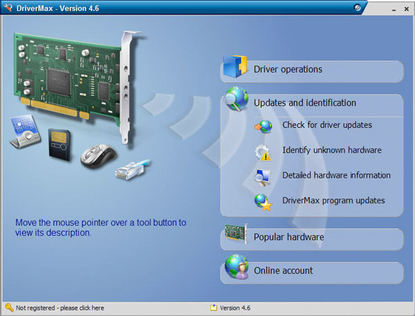 The main menu of the DriverMax software program.